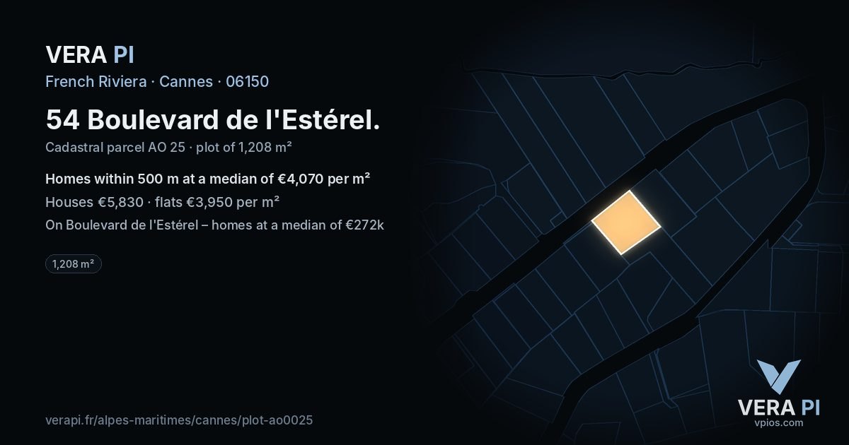 54 Boulevard de l'Estérel, Cannes at night – the plot lit, the parcels around coloured by the prices near them
