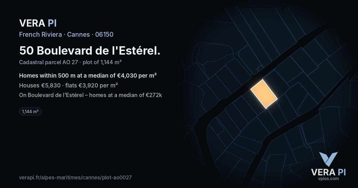 50 Boulevard de l'Estérel, Cannes at night – the plot lit, the parcels around coloured by the prices near them