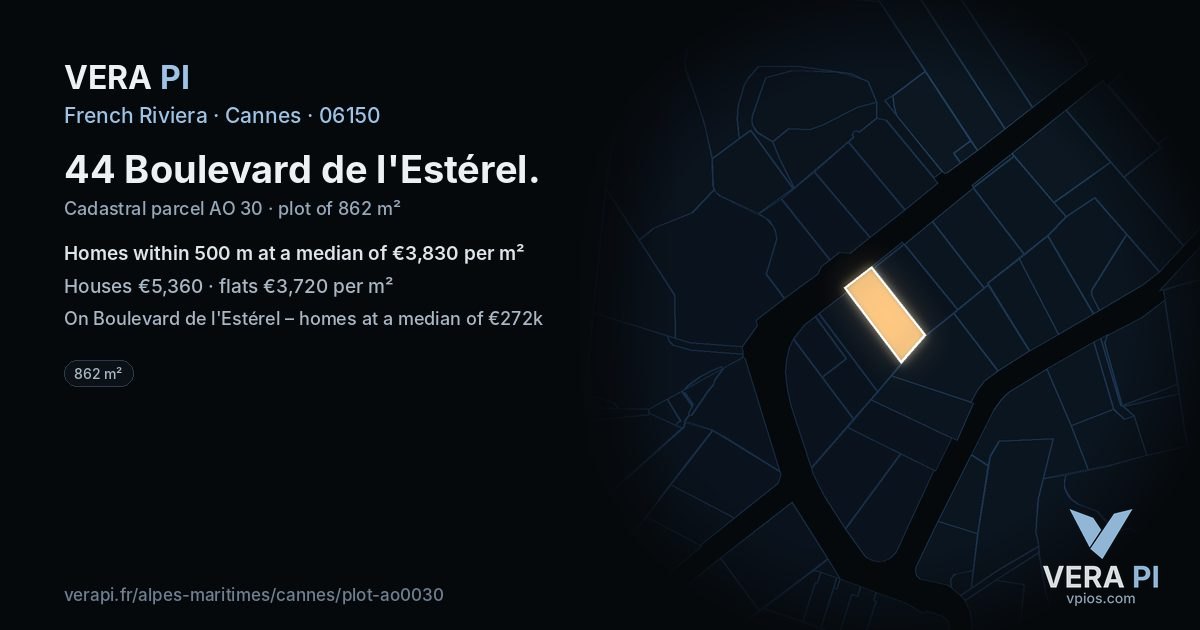 44 Boulevard de l'Estérel, Cannes at night – the plot lit, the parcels around coloured by the prices near them