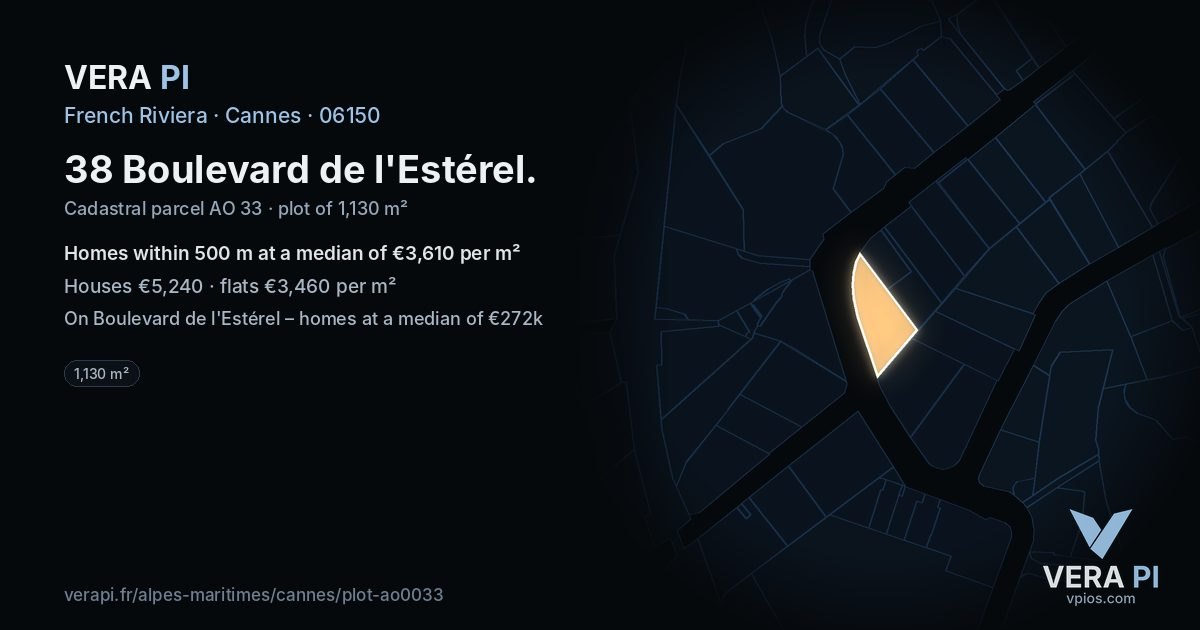 38 Boulevard de l'Estérel, Cannes at night – the plot lit, the parcels around coloured by the prices near them