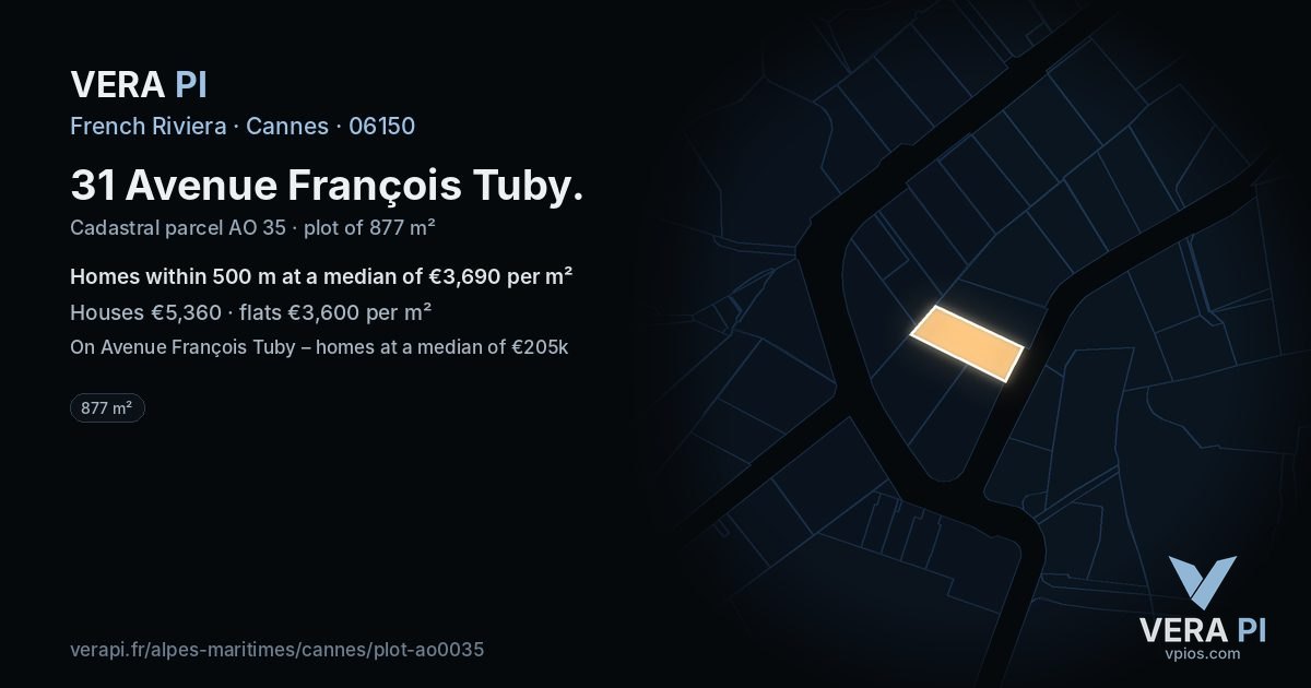 31 Avenue François Tuby, Cannes at night – the plot lit, the parcels around coloured by the prices near them