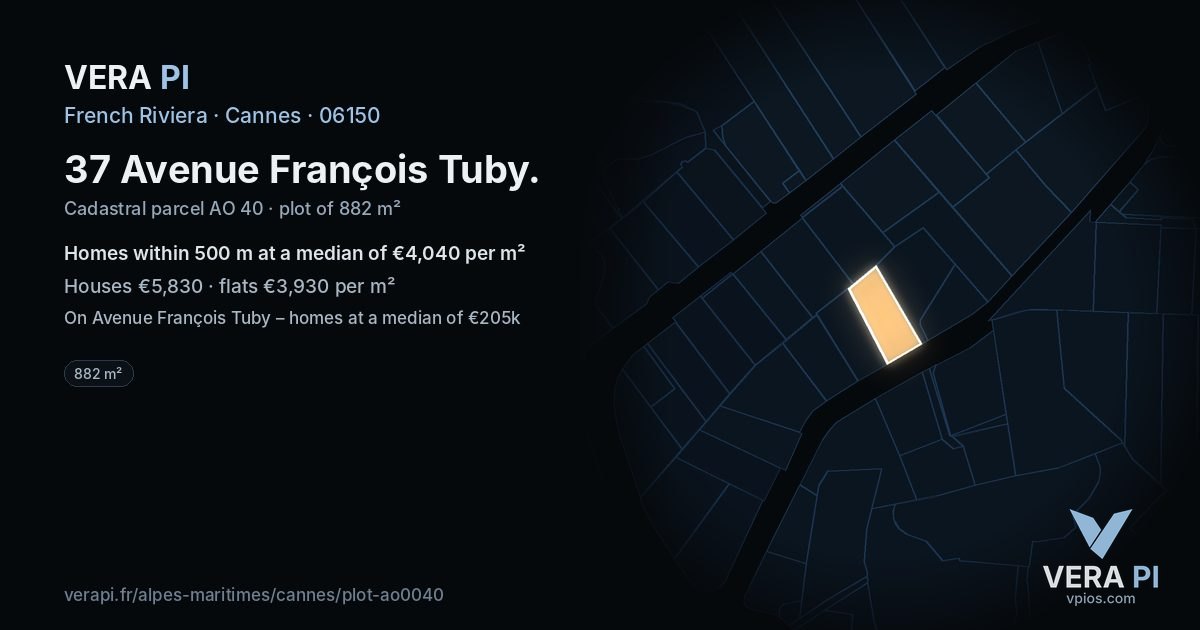 37 Avenue François Tuby, Cannes at night – the plot lit, the parcels around coloured by the prices near them
