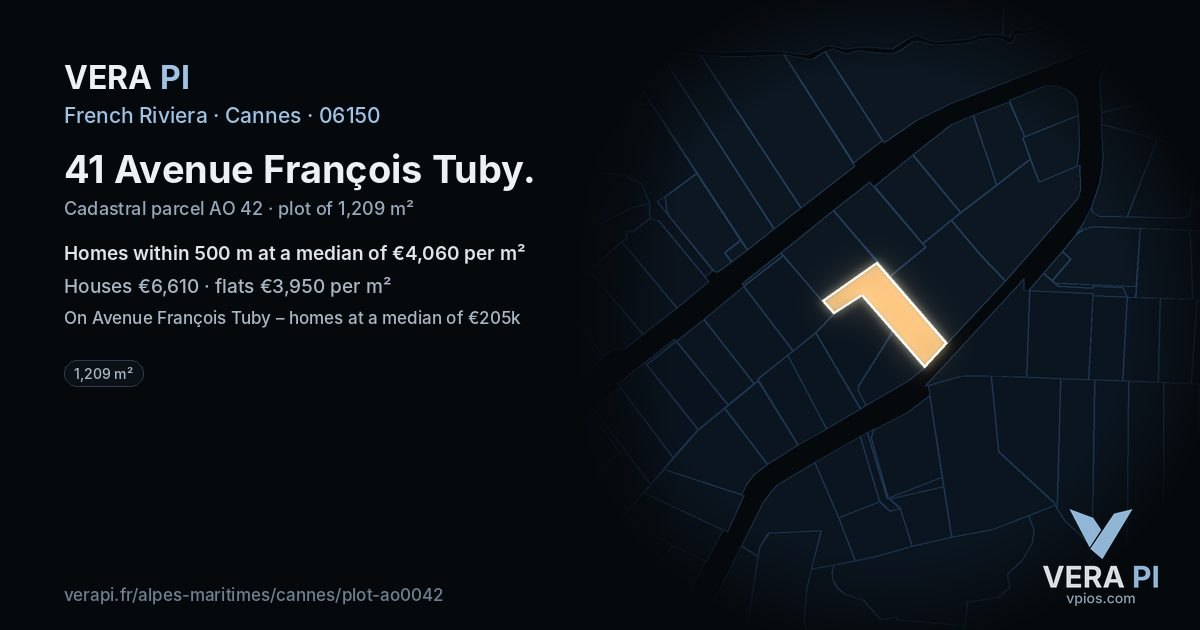 41 Avenue François Tuby, Cannes at night – the plot lit, the parcels around coloured by the prices near them