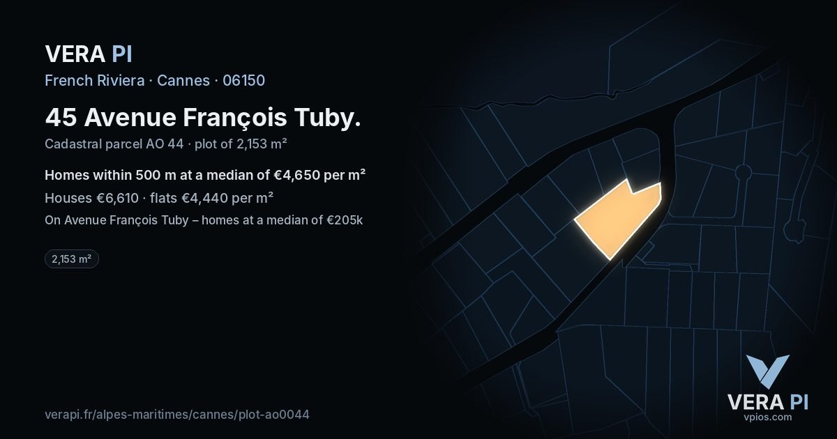 45 Avenue François Tuby, Cannes at night – the plot lit, the parcels around coloured by the prices near them