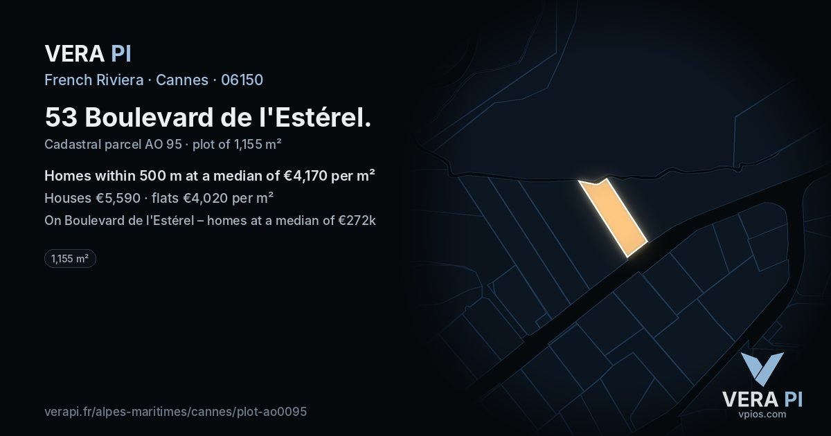 53 Boulevard de l'Estérel, Cannes at night – the plot lit, the parcels around coloured by the prices near them