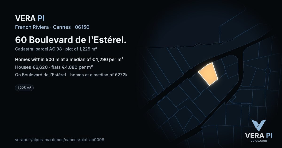 60 Boulevard de l'Estérel, Cannes at night – the plot lit, the parcels around coloured by the prices near them