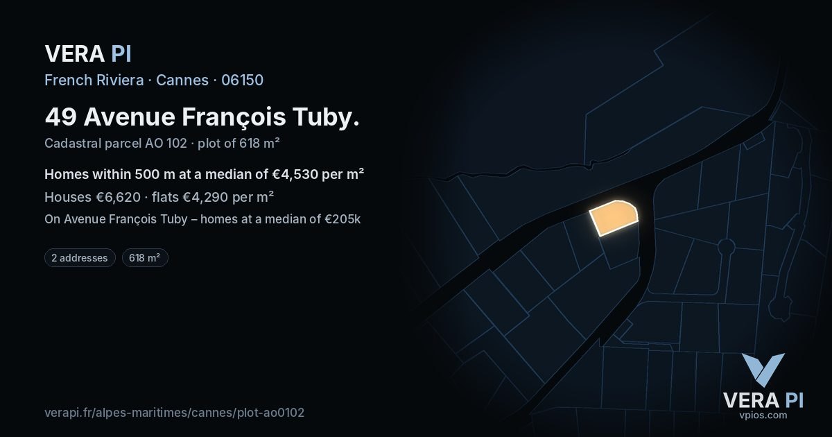 49 Avenue François Tuby, Cannes at night – the plot lit, the parcels around coloured by the prices near them