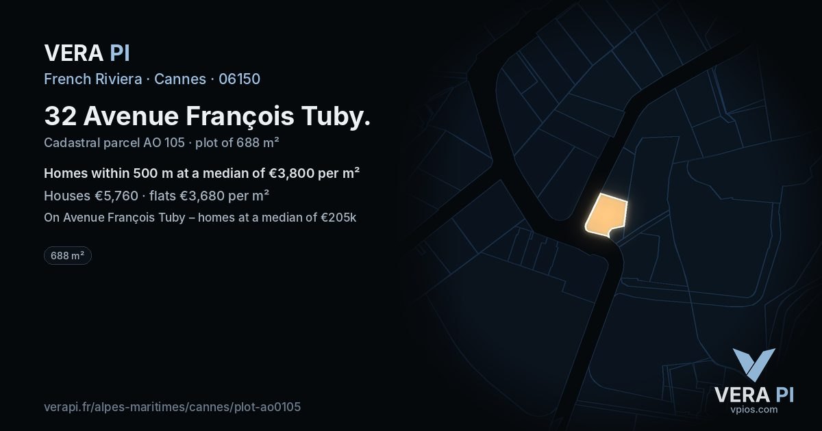 32 Avenue François Tuby, Cannes at night – the plot lit, the parcels around coloured by the prices near them