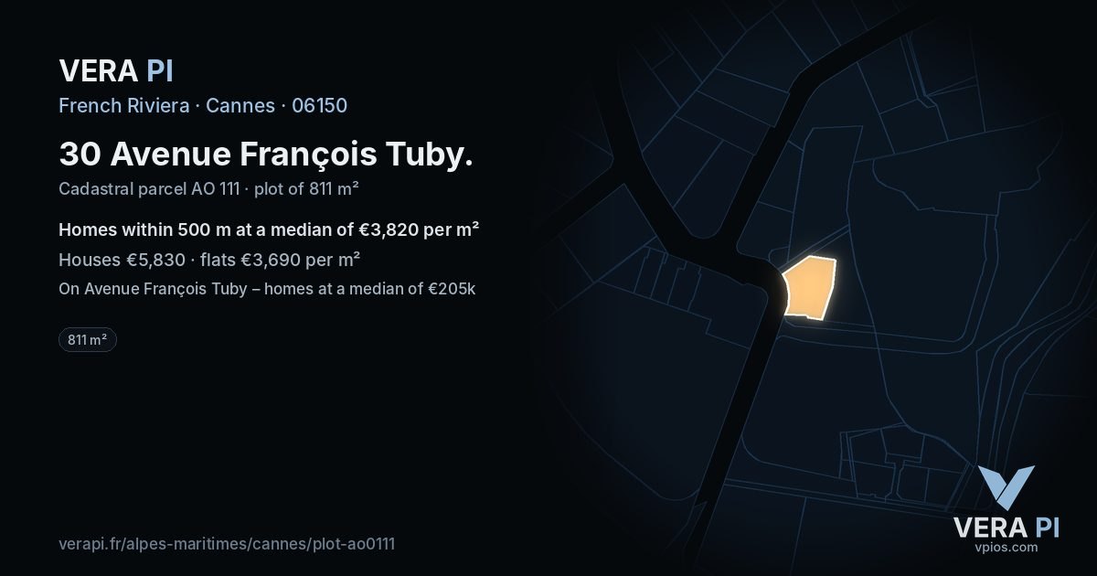 30 Avenue François Tuby, Cannes at night – the plot lit, the parcels around coloured by the prices near them