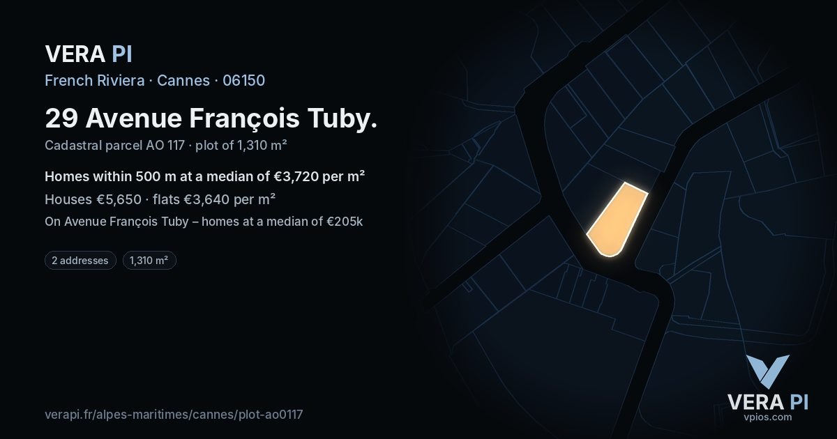29 Avenue François Tuby, Cannes at night – the plot lit, the parcels around coloured by the prices near them