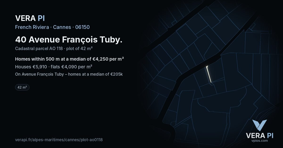 40 Avenue François Tuby, Cannes at night – the plot lit, the parcels around coloured by the prices near them