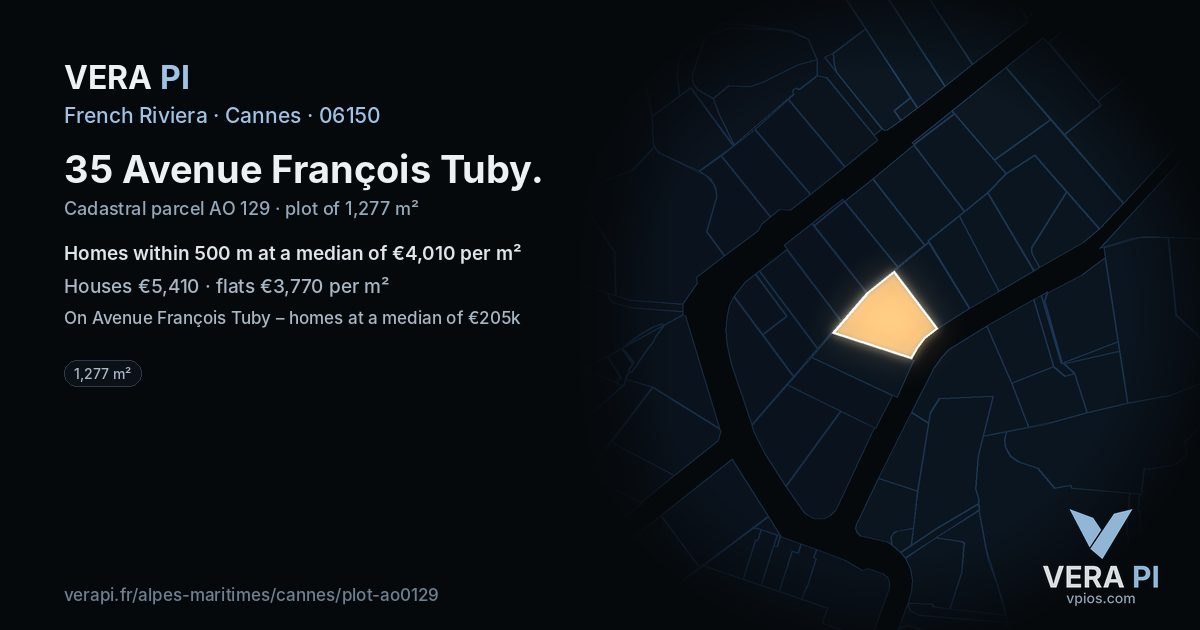 35 Avenue François Tuby, Cannes at night – the plot lit, the parcels around coloured by the prices near them