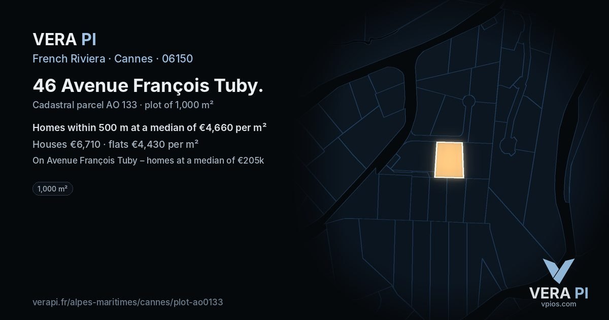 46 Avenue François Tuby, Cannes at night – the plot lit, the parcels around coloured by the prices near them
