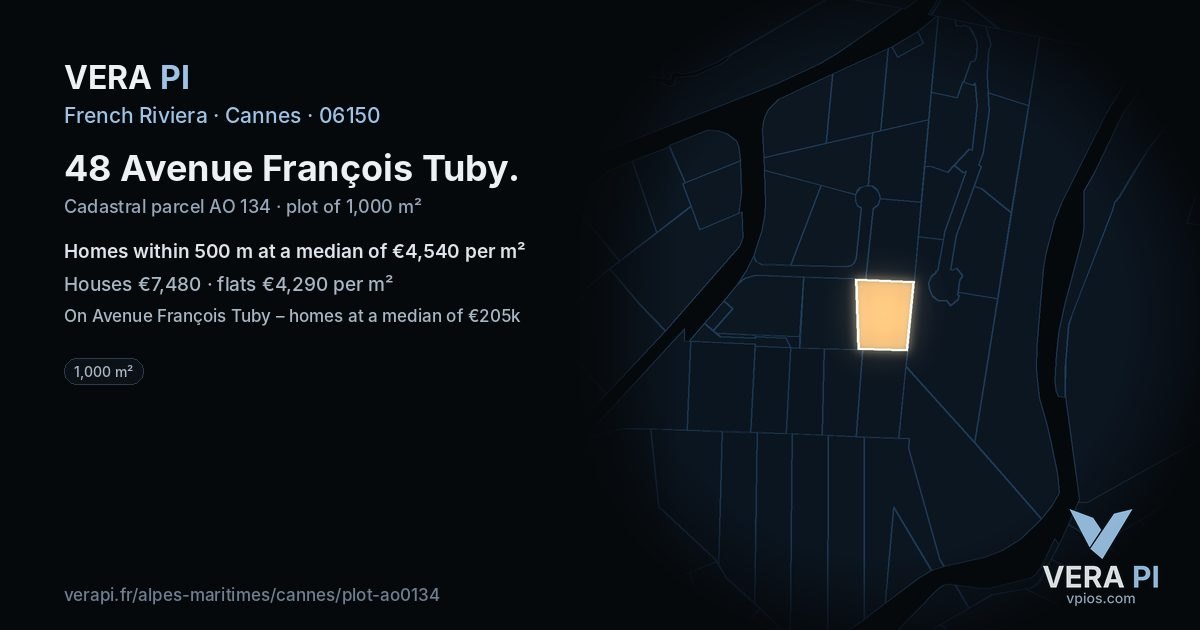 48 Avenue François Tuby, Cannes at night – the plot lit, the parcels around coloured by the prices near them