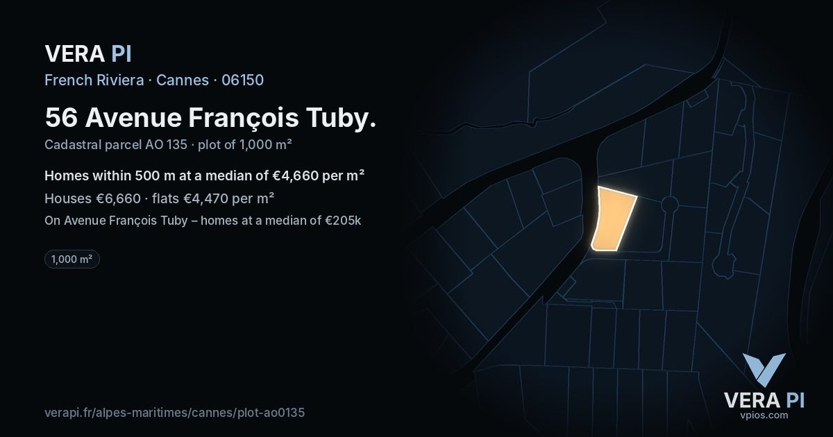 56 Avenue François Tuby, Cannes at night – the plot lit, the parcels around coloured by the prices near them
