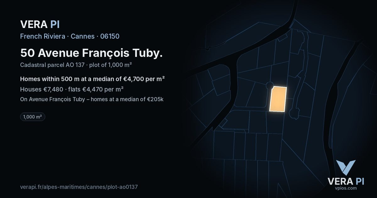 50 Avenue François Tuby, Cannes at night – the plot lit, the parcels around coloured by the prices near them