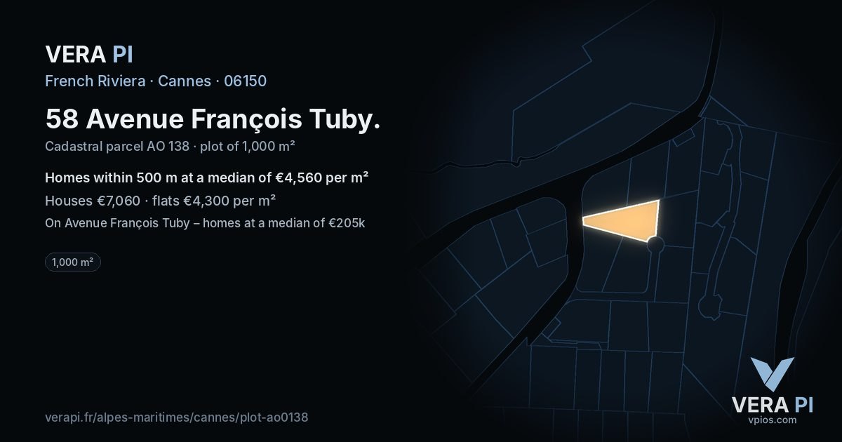 58 Avenue François Tuby, Cannes at night – the plot lit, the parcels around coloured by the prices near them