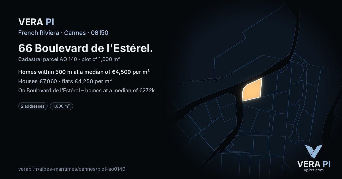 66 Boulevard de l'Estérel, Cannes at night – the plot lit, the parcels around coloured by the prices near them