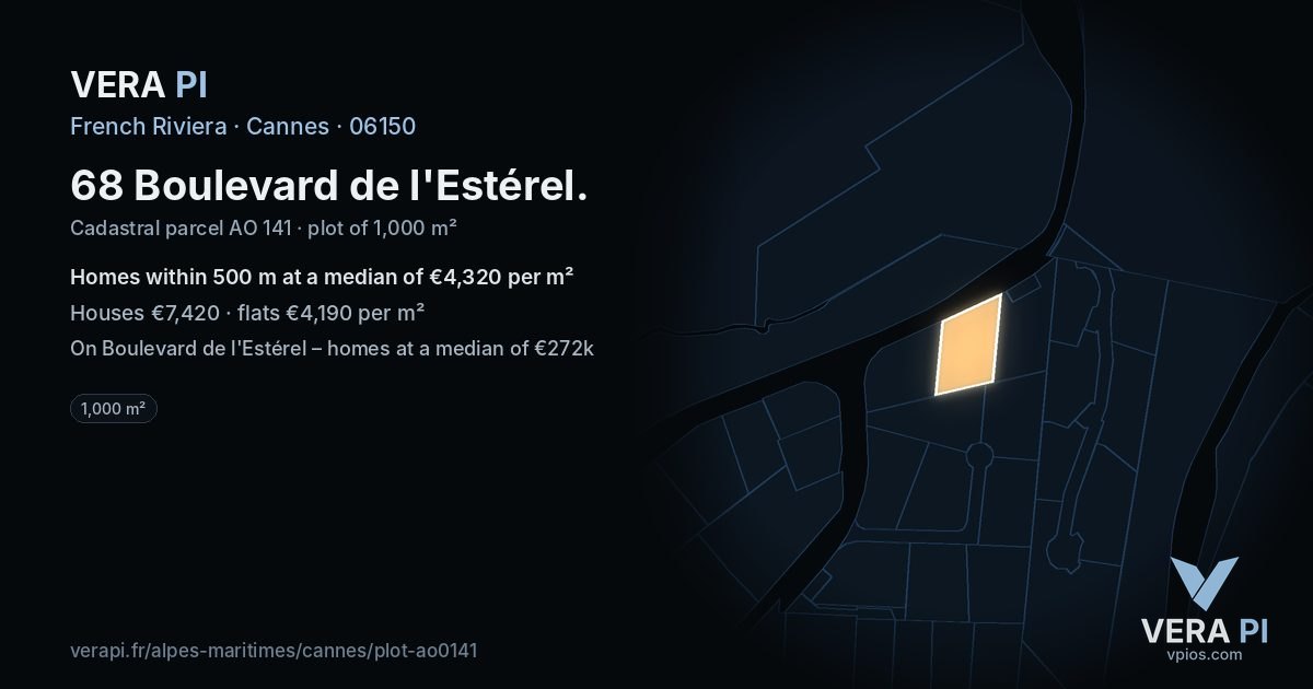 68 Boulevard de l'Estérel, Cannes at night – the plot lit, the parcels around coloured by the prices near them