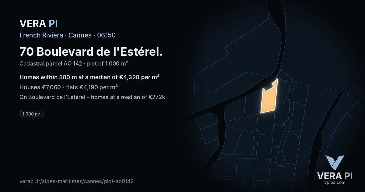 70 Boulevard de l'Estérel, Cannes at night – the plot lit, the parcels around coloured by the prices near them