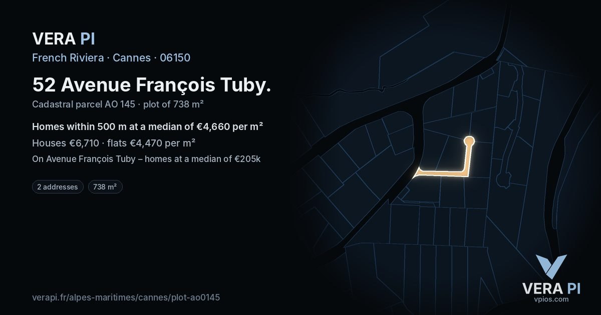 52 Avenue François Tuby, Cannes at night – the plot lit, the parcels around coloured by the prices near them