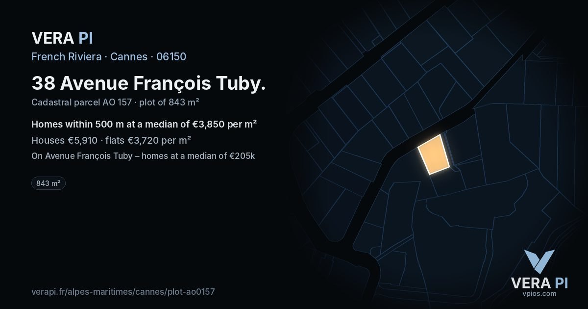 38 Avenue François Tuby, Cannes at night – the plot lit, the parcels around coloured by the prices near them