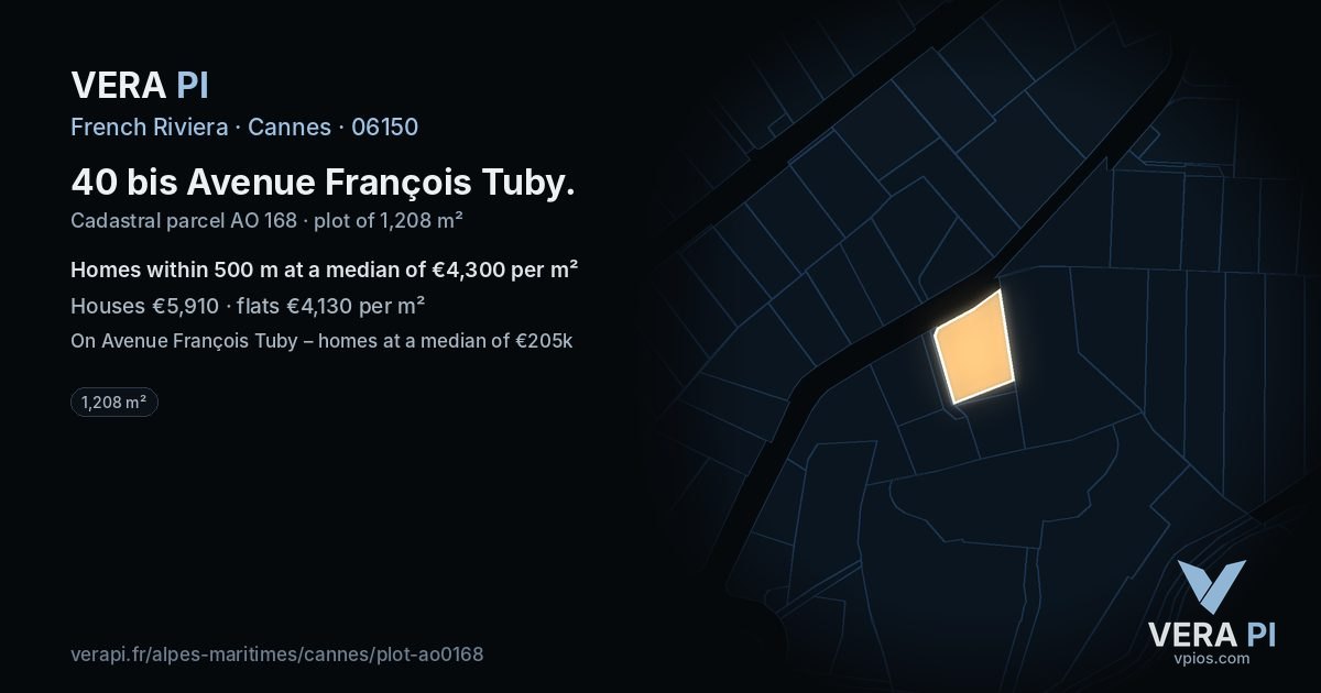 40 bis Avenue François Tuby, Cannes at night – the plot lit, the parcels around coloured by the prices near them