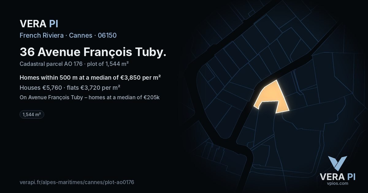 36 Avenue François Tuby, Cannes at night – the plot lit, the parcels around coloured by the prices near them