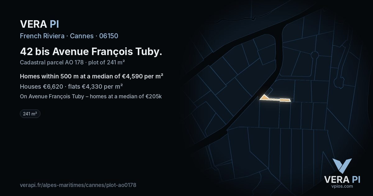 42 bis Avenue François Tuby, Cannes at night – the plot lit, the parcels around coloured by the prices near them
