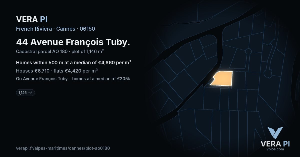 44 Avenue François Tuby, Cannes at night – the plot lit, the parcels around coloured by the prices near them