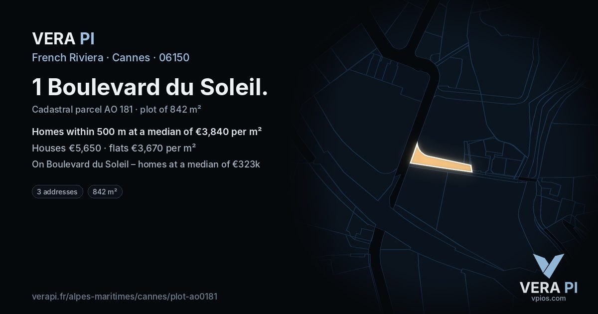 1 Boulevard du Soleil, Cannes at night – the plot lit, the parcels around coloured by the prices near them