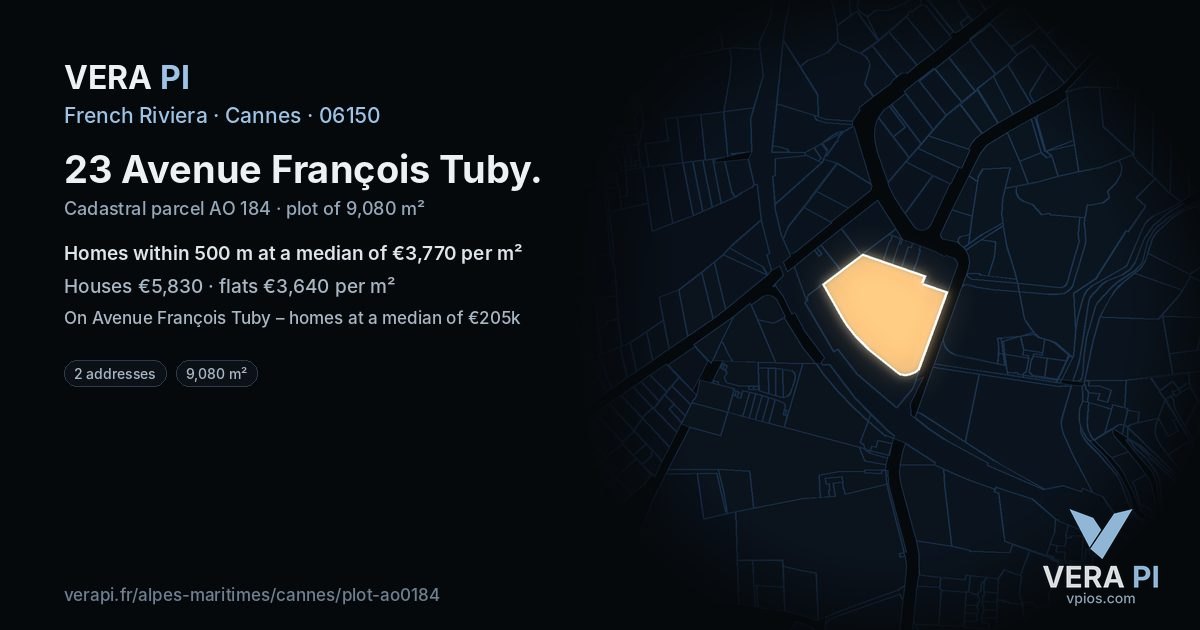 23 Avenue François Tuby, Cannes at night – the plot lit, the parcels around coloured by the prices near them