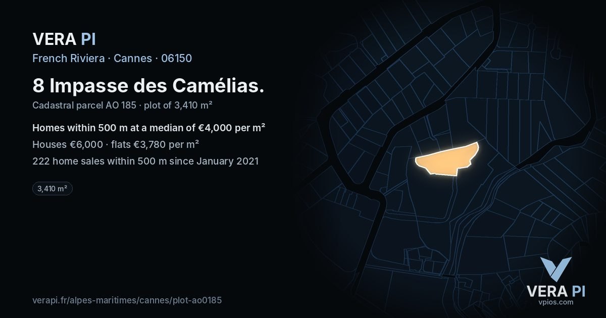 8 Impasse des Camélias, Cannes at night – the plot lit, the parcels around coloured by the prices near them