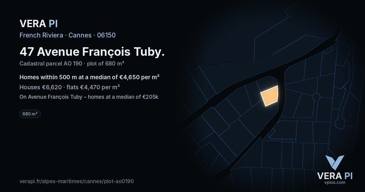 47 Avenue François Tuby, Cannes at night – the plot lit, the parcels around coloured by the prices near them