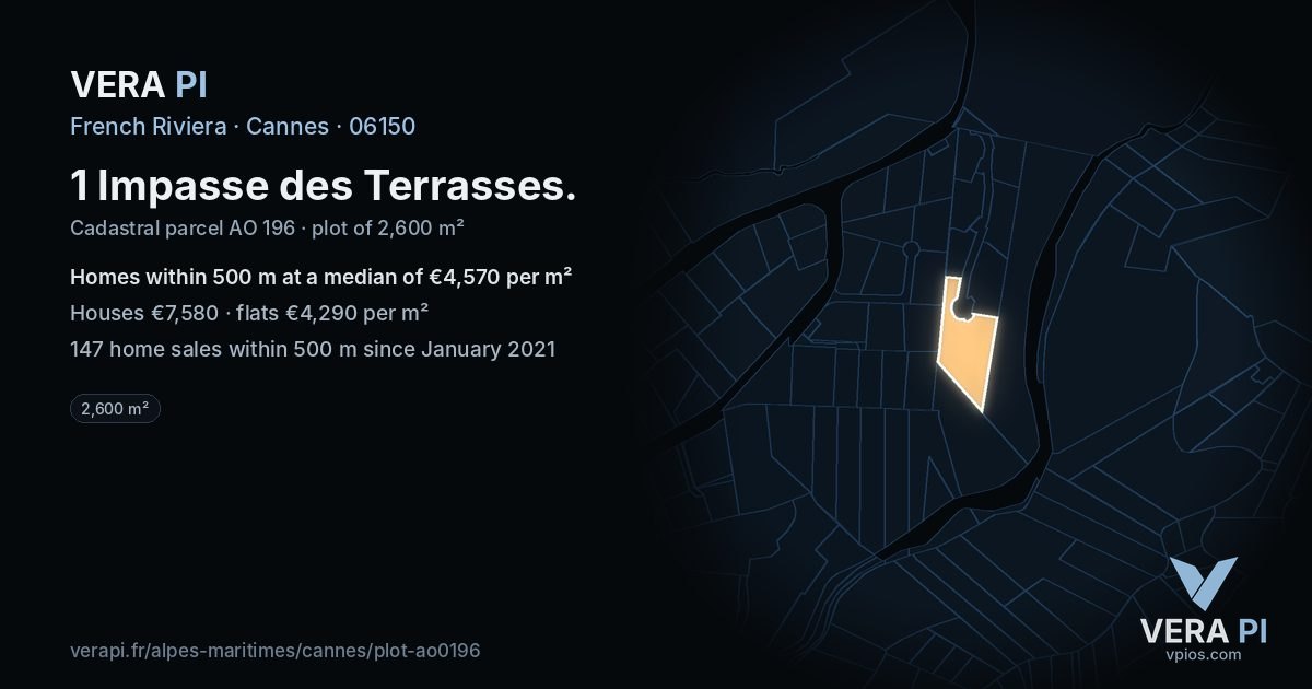 1 Impasse des Terrasses, Cannes at night – the plot lit, the parcels around coloured by the prices near them