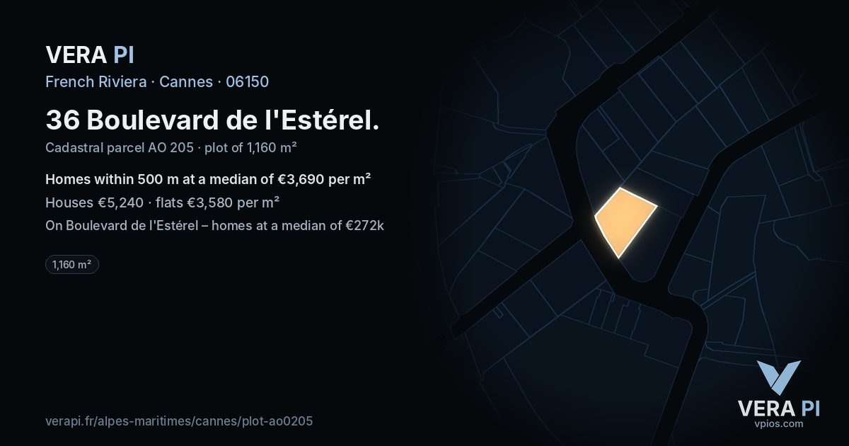 36 Boulevard de l'Estérel, Cannes at night – the plot lit, the parcels around coloured by the prices near them