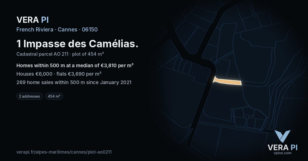 1 Impasse des Camélias, Cannes at night – the plot lit, the parcels around coloured by the prices near them