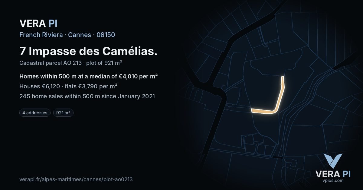 7 Impasse des Camélias, Cannes at night – the plot lit, the parcels around coloured by the prices near them