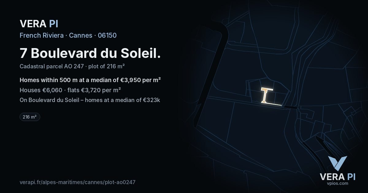 7 Boulevard du Soleil, Cannes at night – the plot lit, the parcels around coloured by the prices near them