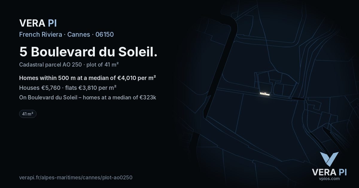 5 Boulevard du Soleil, Cannes at night – the plot lit, the parcels around coloured by the prices near them