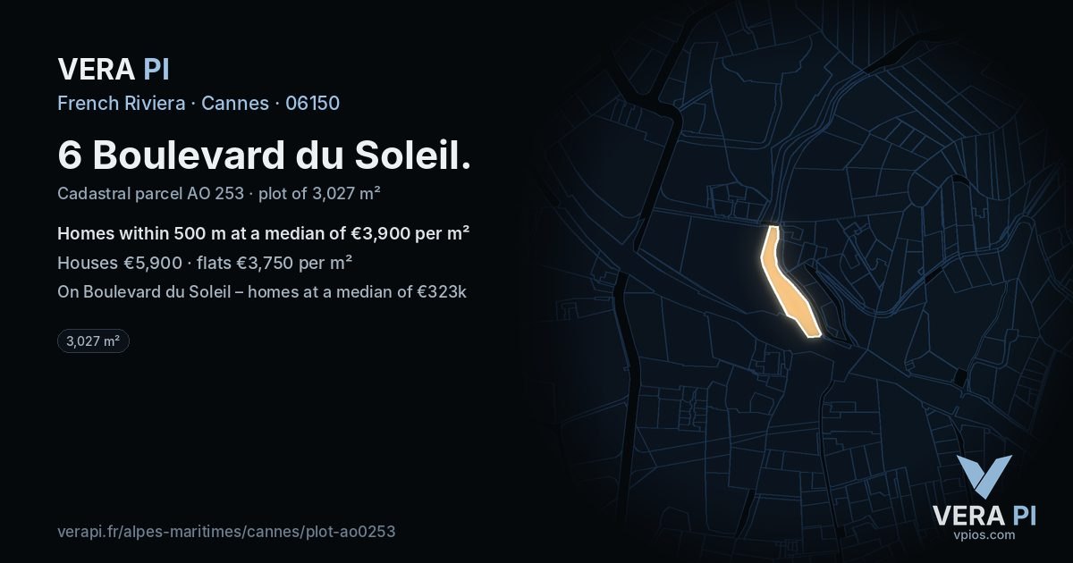 6 Boulevard du Soleil, Cannes at night – the plot lit, the parcels around coloured by the prices near them