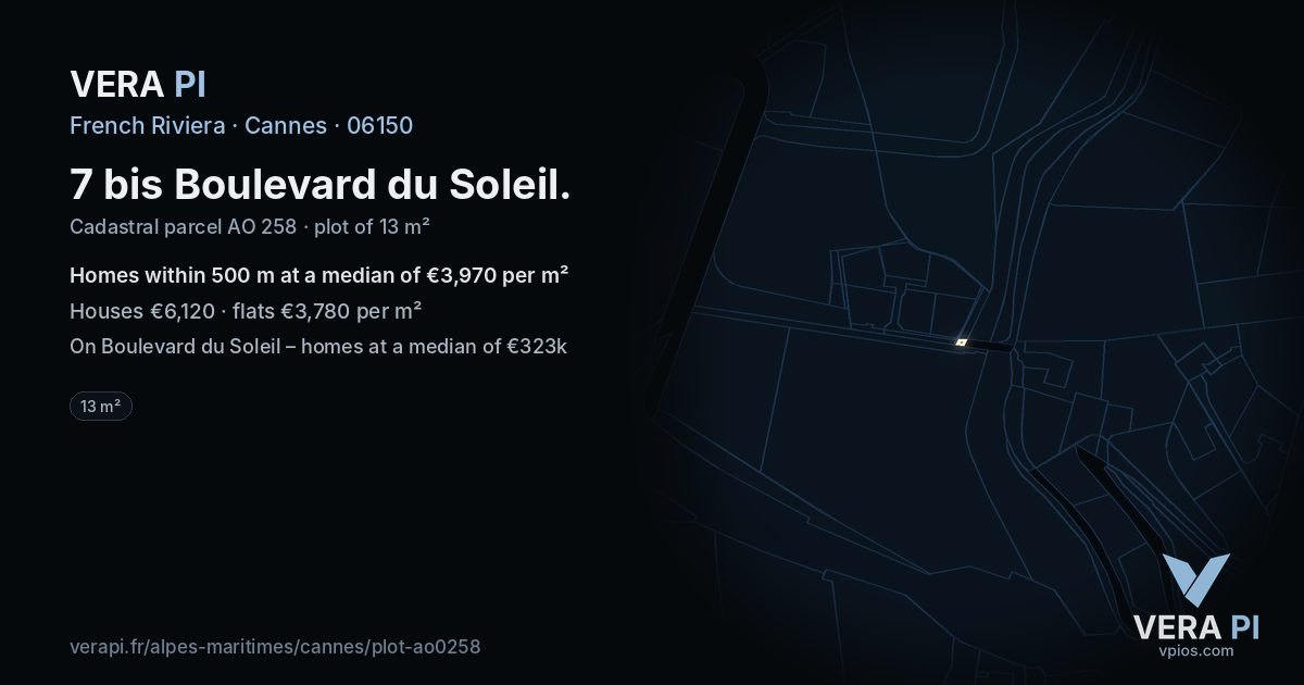 7 bis Boulevard du Soleil, Cannes at night – the plot lit, the parcels around coloured by the prices near them