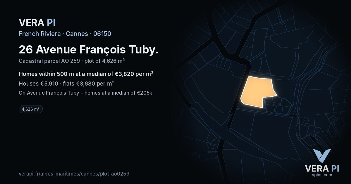 26 Avenue François Tuby, Cannes at night – the plot lit, the parcels around coloured by the prices near them