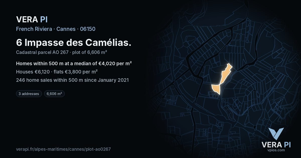 6 Impasse des Camélias, Cannes at night – the plot lit, the parcels around coloured by the prices near them