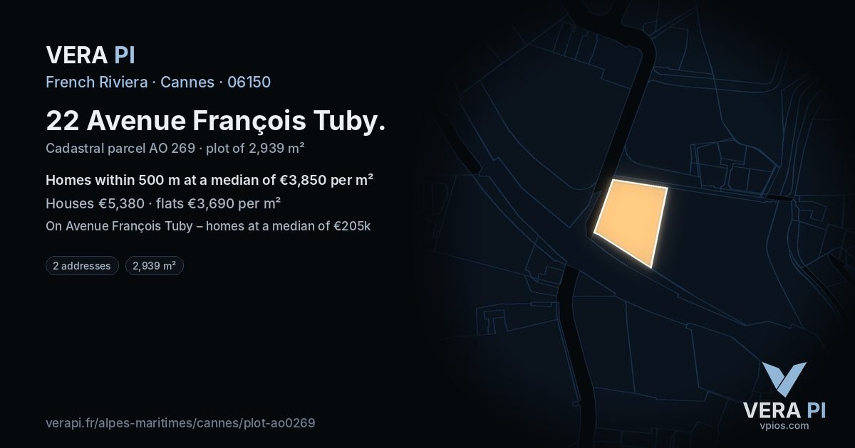 22 Avenue François Tuby, Cannes at night – the plot lit, the parcels around coloured by the prices near them