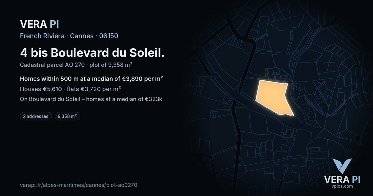 4 bis Boulevard du Soleil, Cannes at night – the plot lit, the parcels around coloured by the prices near them
