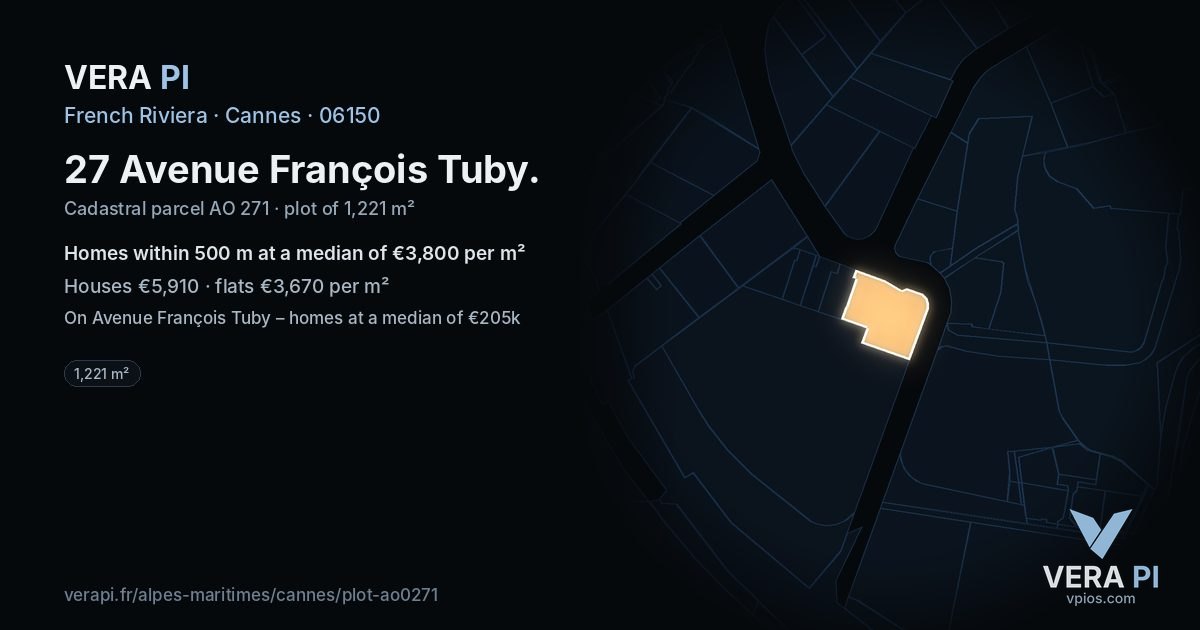 27 Avenue François Tuby, Cannes at night – the plot lit, the parcels around coloured by the prices near them