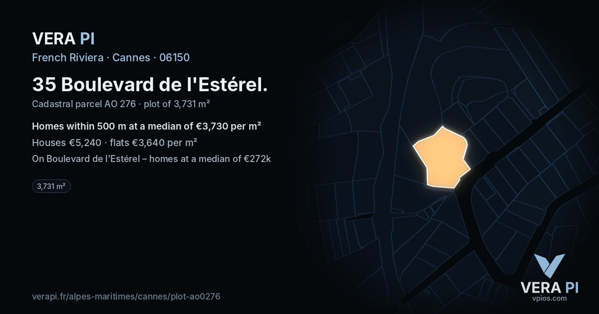 35 Boulevard de l'Estérel, Cannes at night – the plot lit, the parcels around coloured by the prices near them
