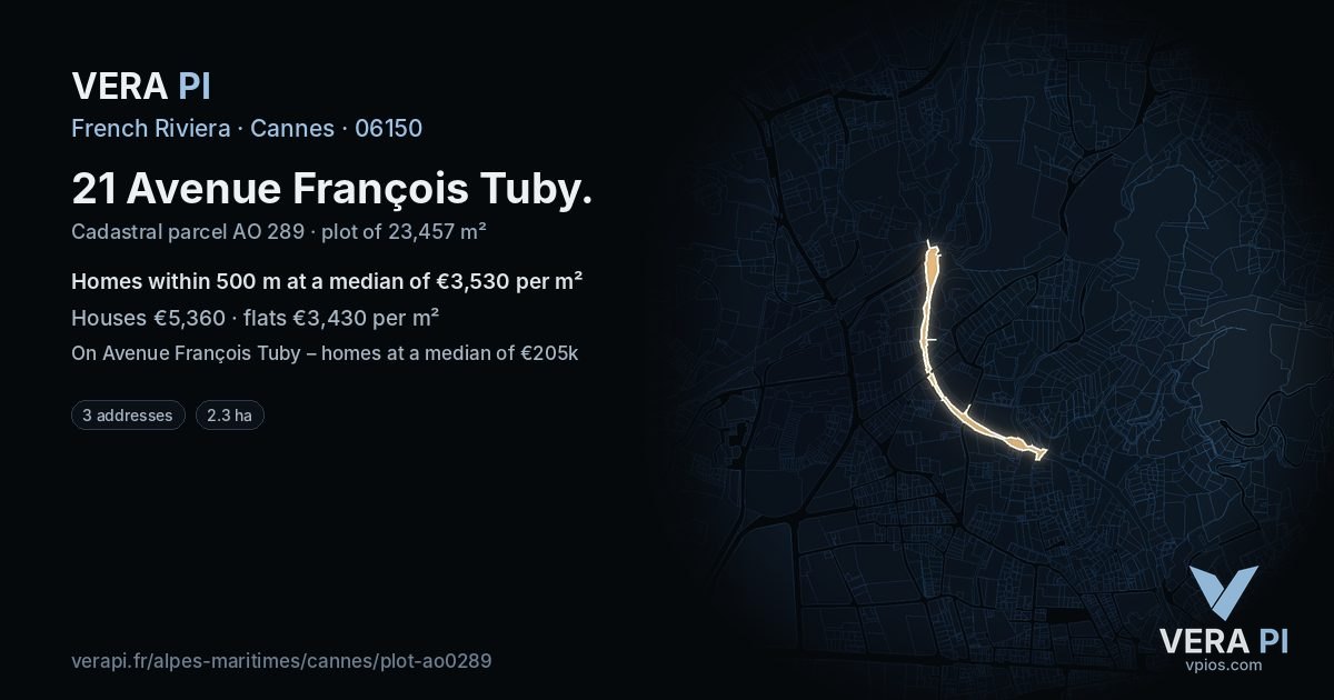 21 Avenue François Tuby, Cannes at night – the plot lit, the parcels around coloured by the prices near them
