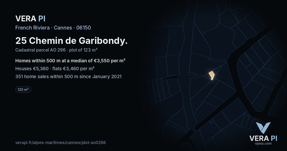25 Chemin de Garibondy, Cannes at night – the plot lit, the parcels around coloured by the prices near them